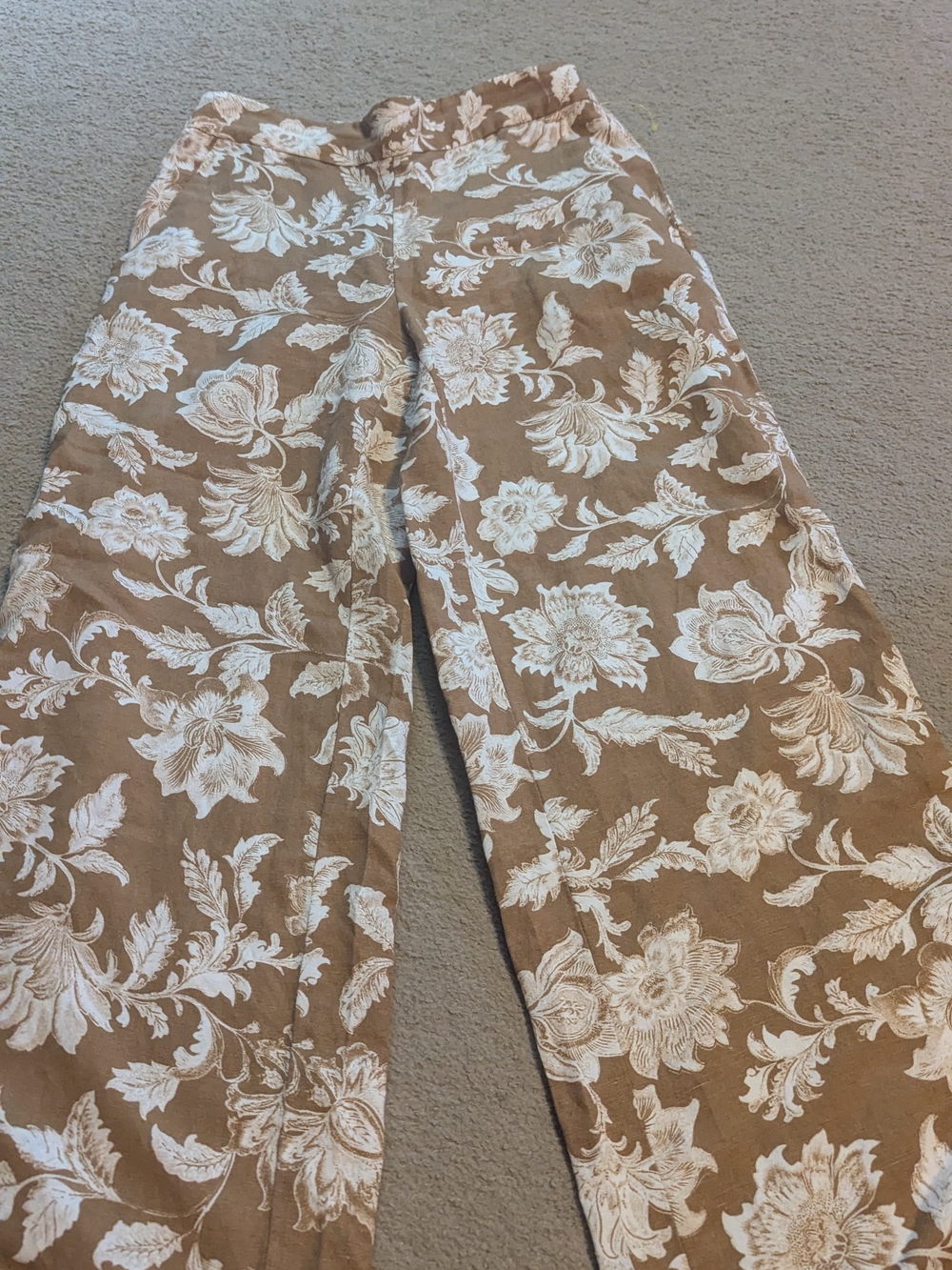 LOFT Brown Wide-Leg Floral Print Pants with White Blooms